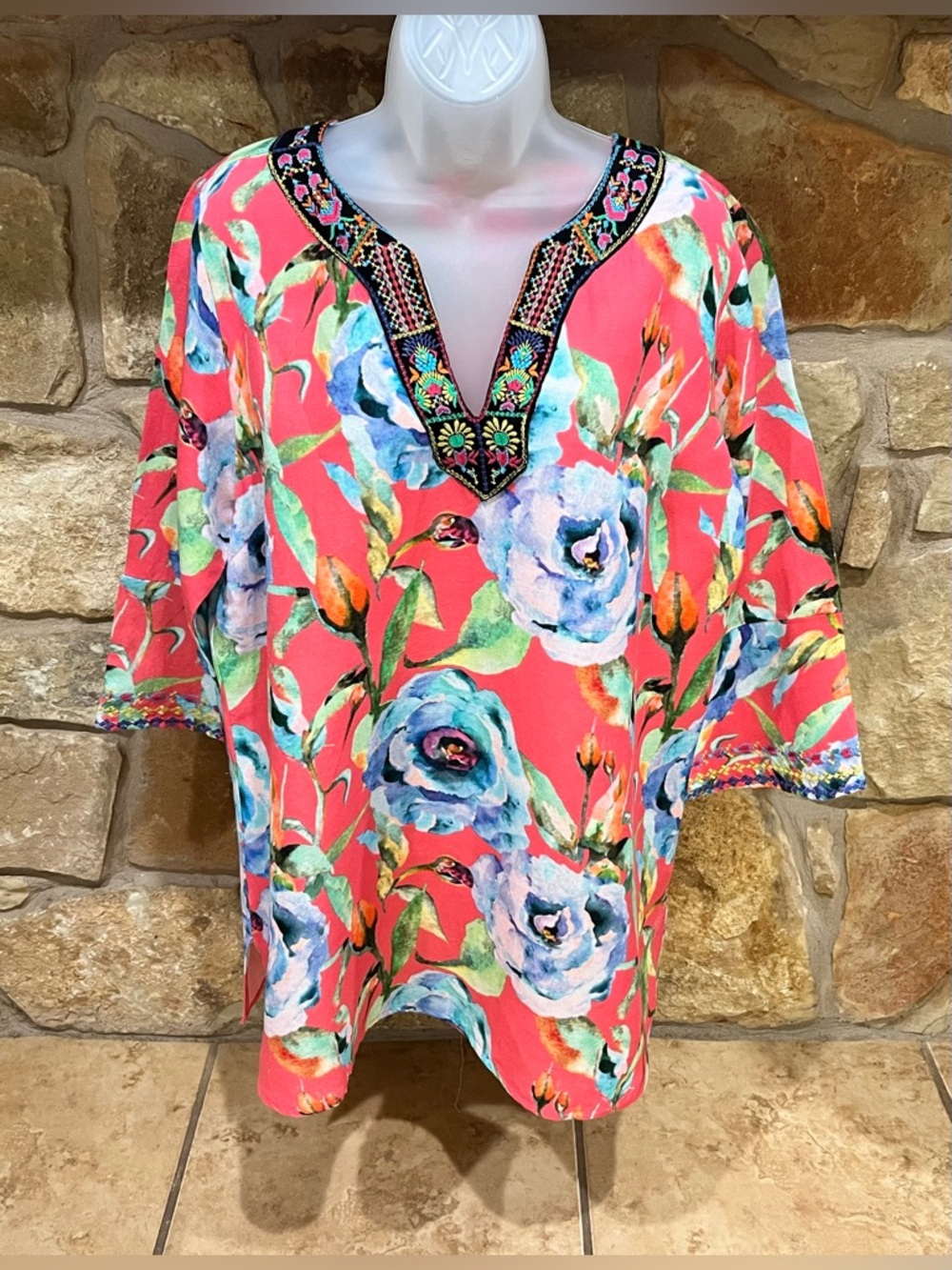 Soft Surroundings Salmon Pink Floral Print Linen Blend Tunic Blouse Women's XL